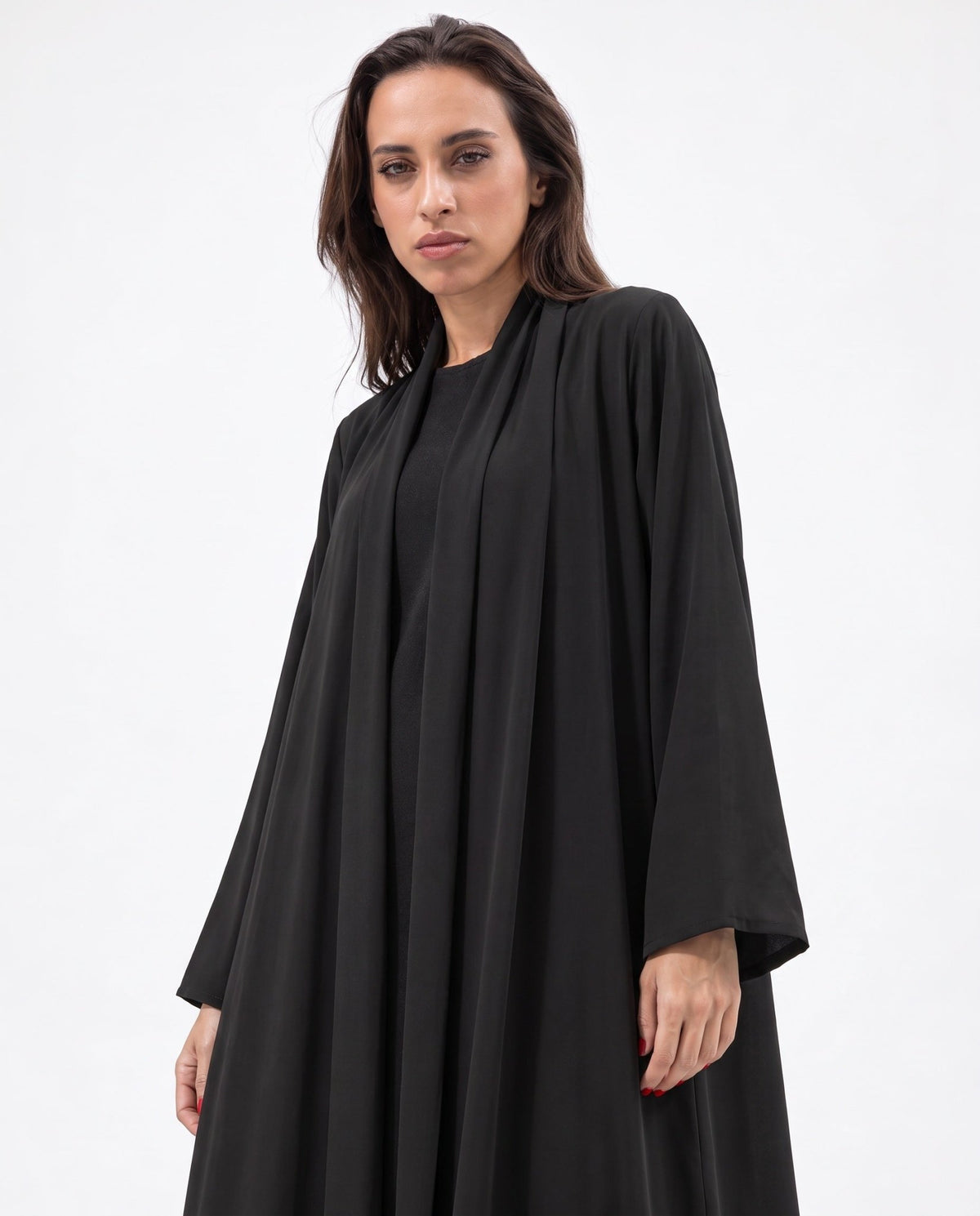 Fluid Shawl Lapel Abaya in Black - CHIKA - MIRA Y MANO