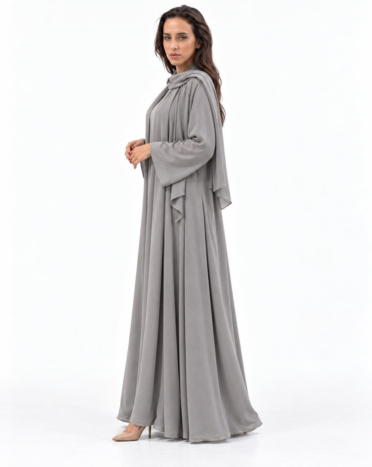 Fluid Shawl Lapel Abaya in Grey - CHIKA - MIRA Y MANO
