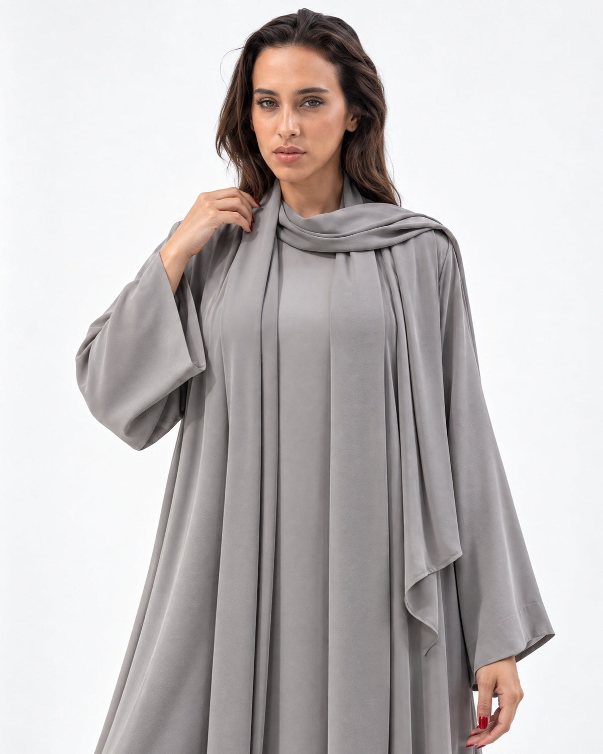Fluid Shawl Lapel Abaya in Grey - CHIKA - MIRA Y MANO