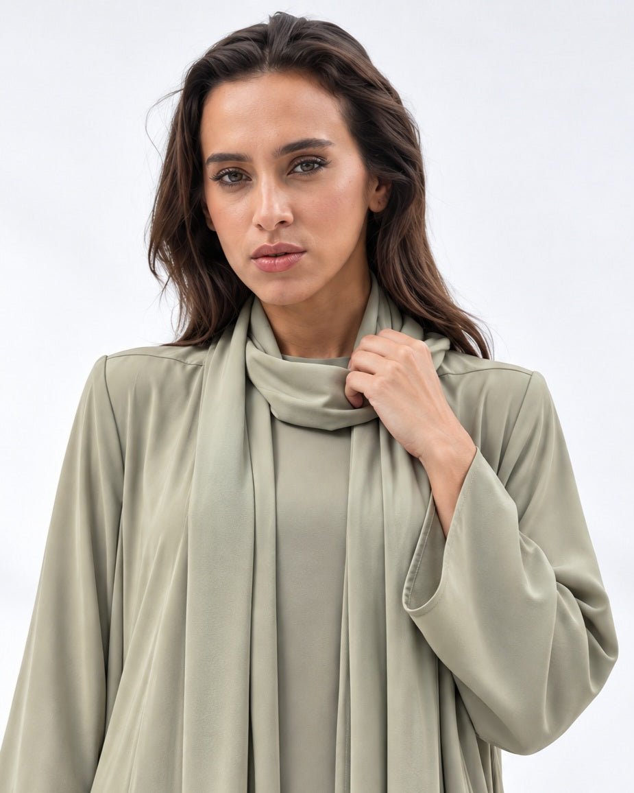 Fluid Shawl Lapel Abaya in Sage Green - CHIKA - MIRA Y MANO