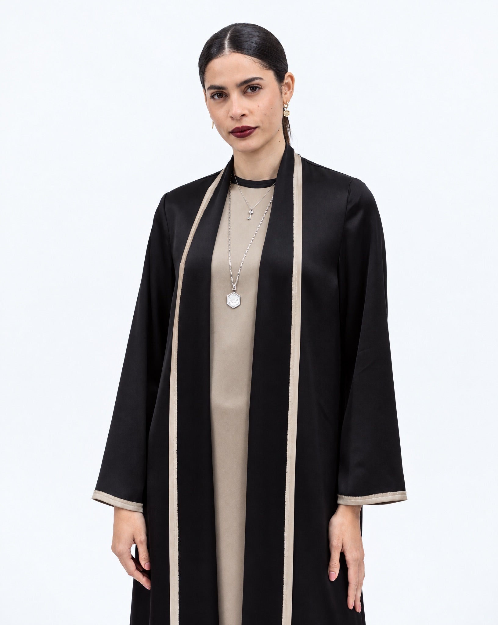 Premium Satin Abaya in Black with Fringe Details - CHIKA - MIRA Y MANO
