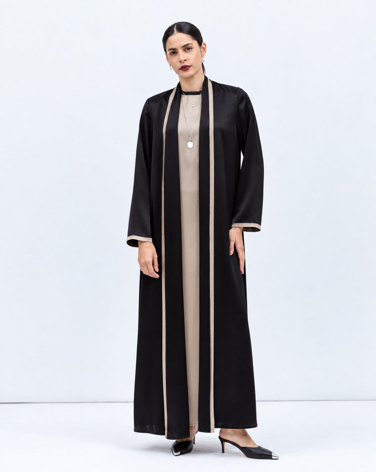 Premium Satin Abaya in Black with Fringe Details - CHIKA - MIRA Y MANO