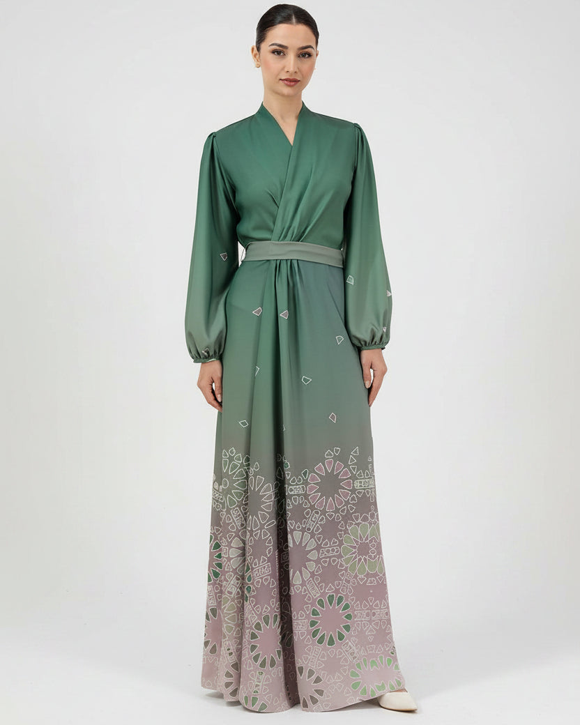 mira green velvet floral embroidered kaftan dress Emerald Green Chiffon and Gold Foil Indian Kaftan main image 0