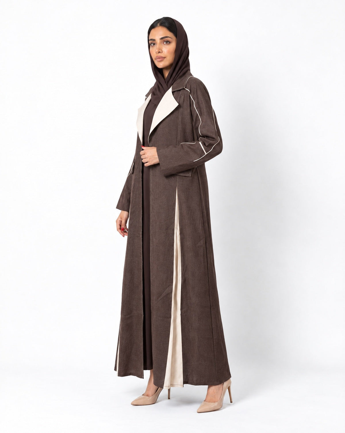 ABY 4094T - Brown Linen Abaya - EMAD RIZQ - MIRA Y MANO