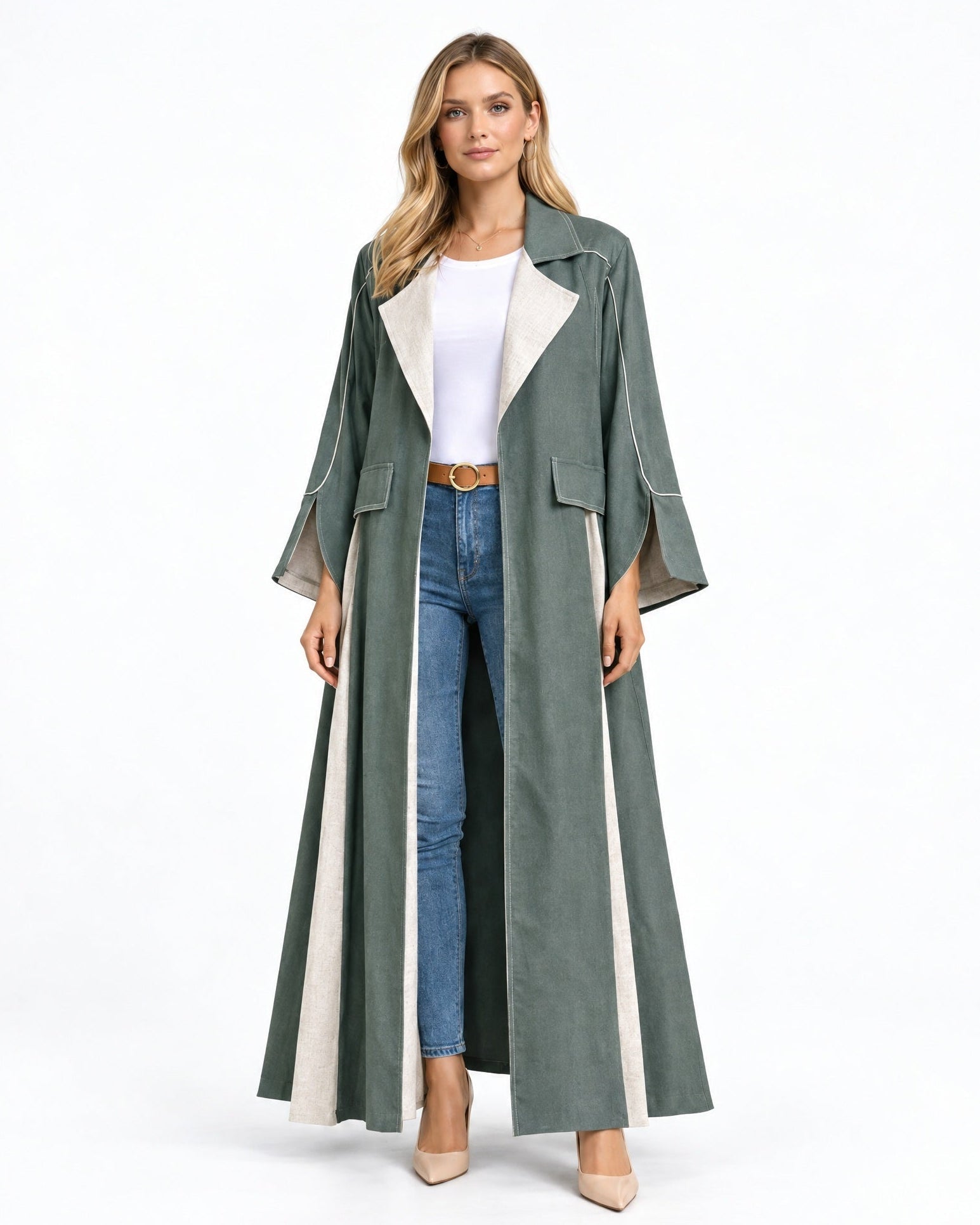 ABY 4094T-OL - Dark Olive Green Linen Abaya - Emad Rizq - MIRA Y MANO