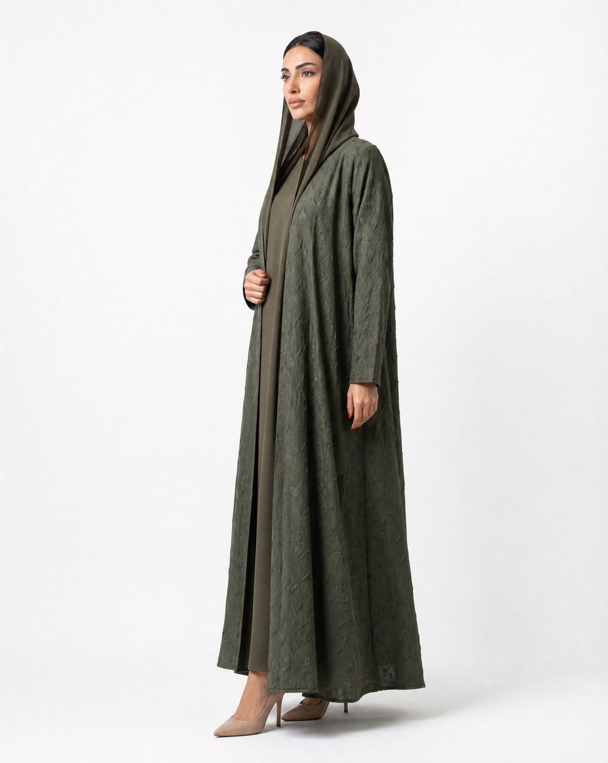 ABY 4238M - Dark Olive Green Washed Silk Abaya - EMAD RIZQ - MIRA Y MANO
