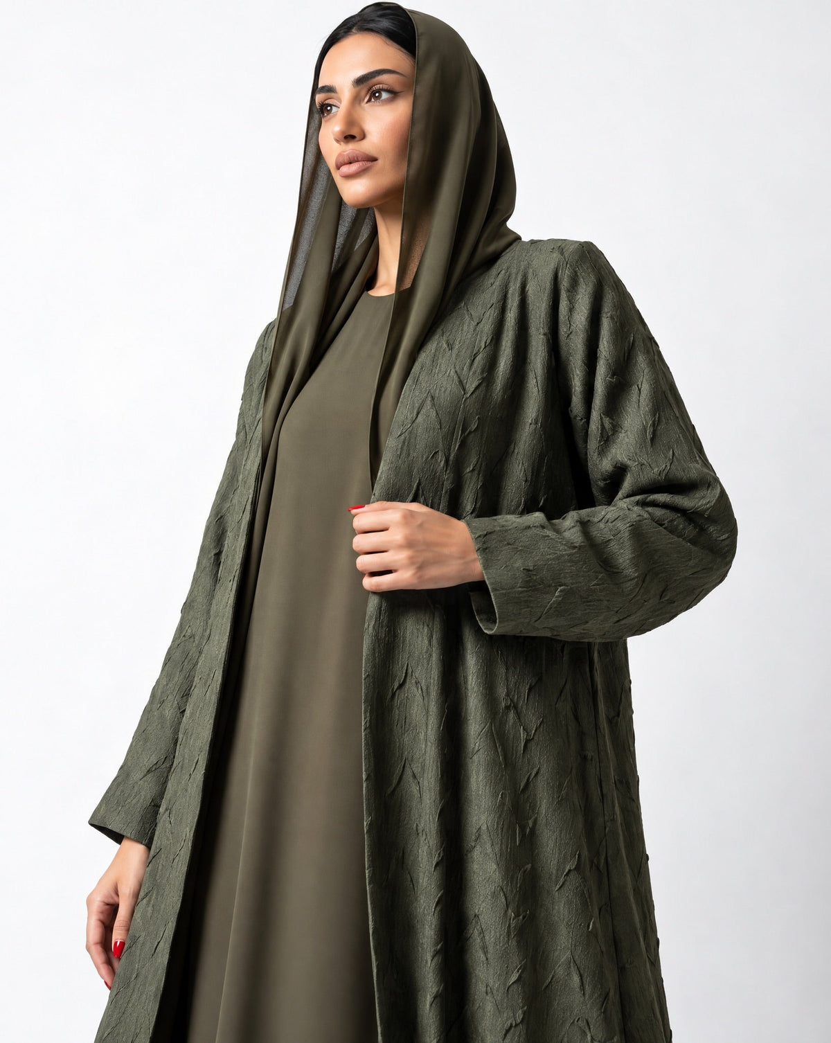 ABY 4238M - Dark Olive Green Washed Silk Abaya - EMAD RIZQ - MIRA Y MANO