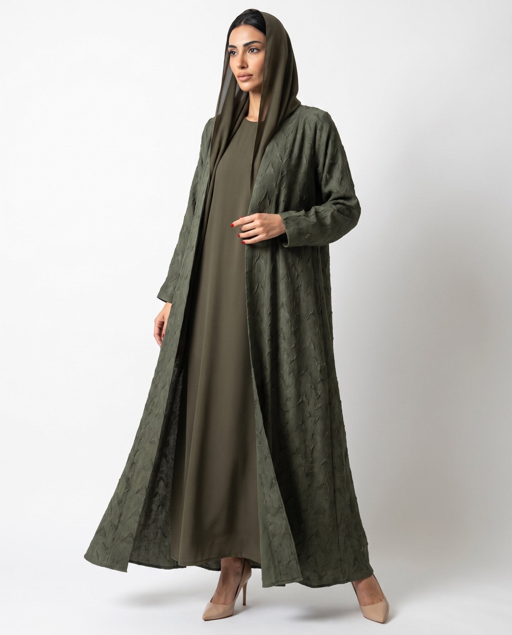 ABY 4238M - Dark Olive Green Washed Silk Abaya - EMAD RIZQ - MIRA Y MANO