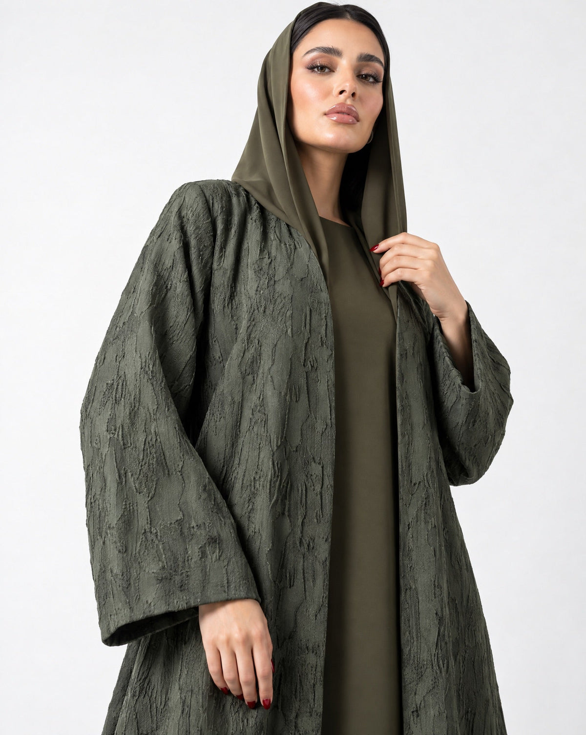 ABY 4462M-OL - Dark Olive Green Washed Silk Abaya - EMAD RIZQ - MIRA Y MANO