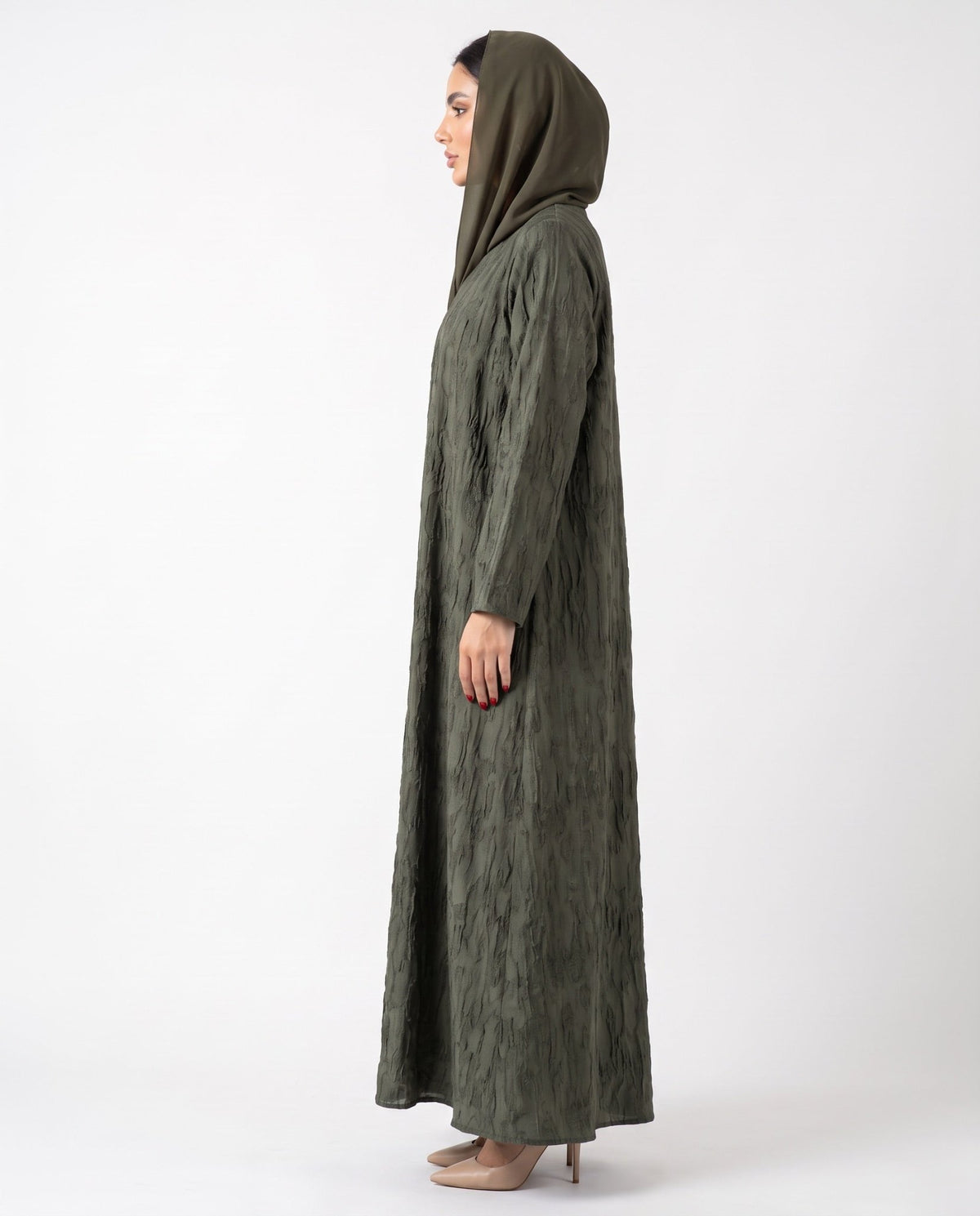 ABY 4462M-OL - Dark Olive Green Washed Silk Abaya - EMAD RIZQ - MIRA Y MANO