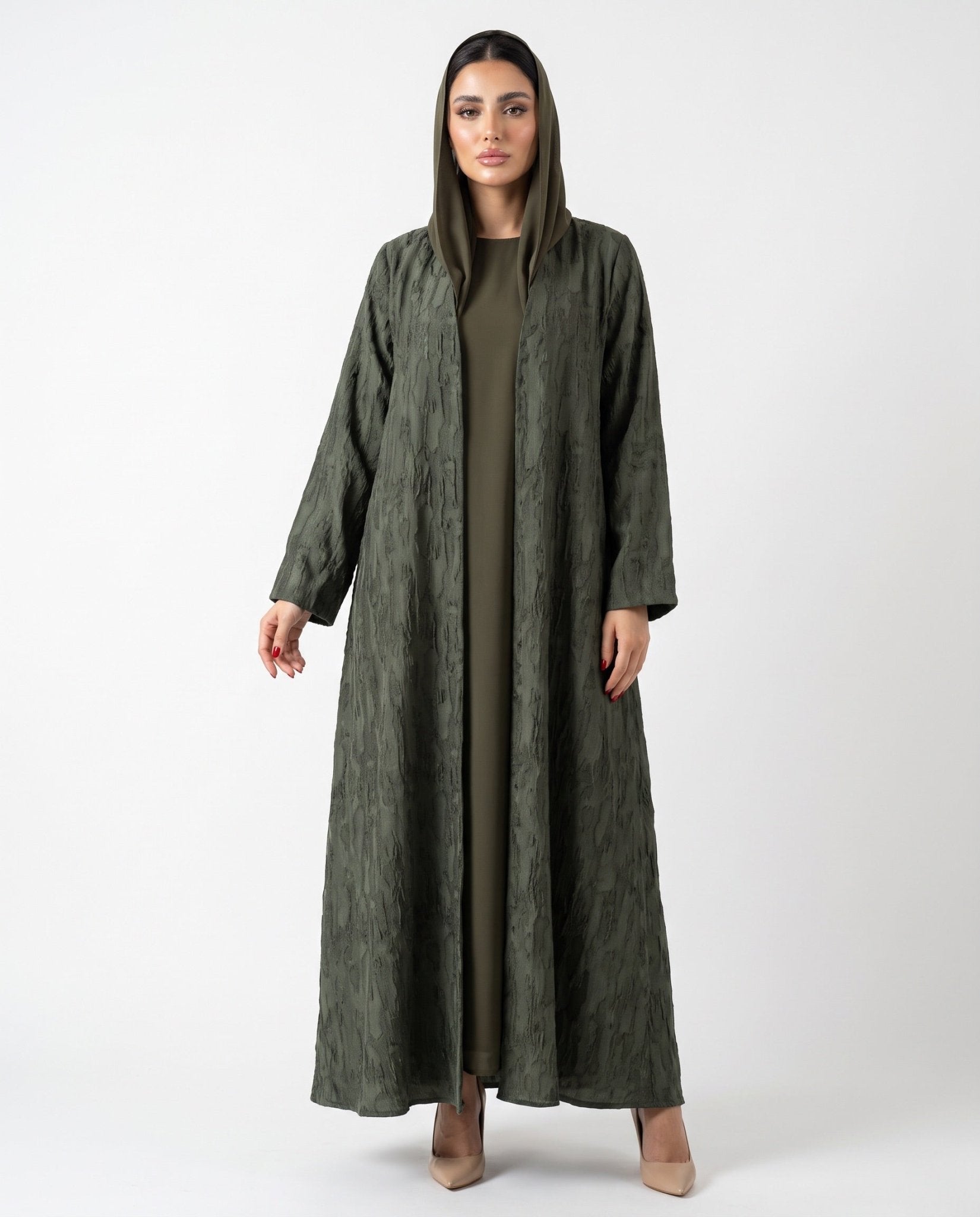 ABY 4462M-OL - Dark Olive Green Washed Silk Abaya - EMAD RIZQ - MIRA Y MANO