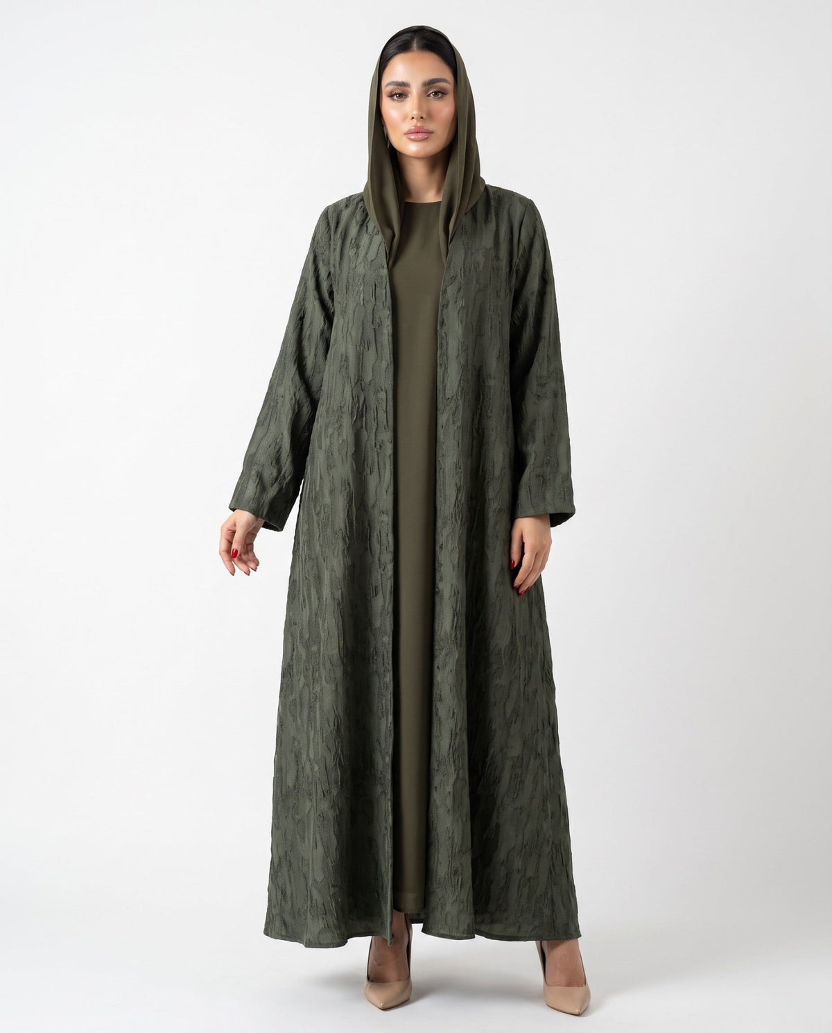 ABY 4462M-OL - Dark Olive Green Washed Silk Abaya - EMAD RIZQ - MIRA Y MANO
