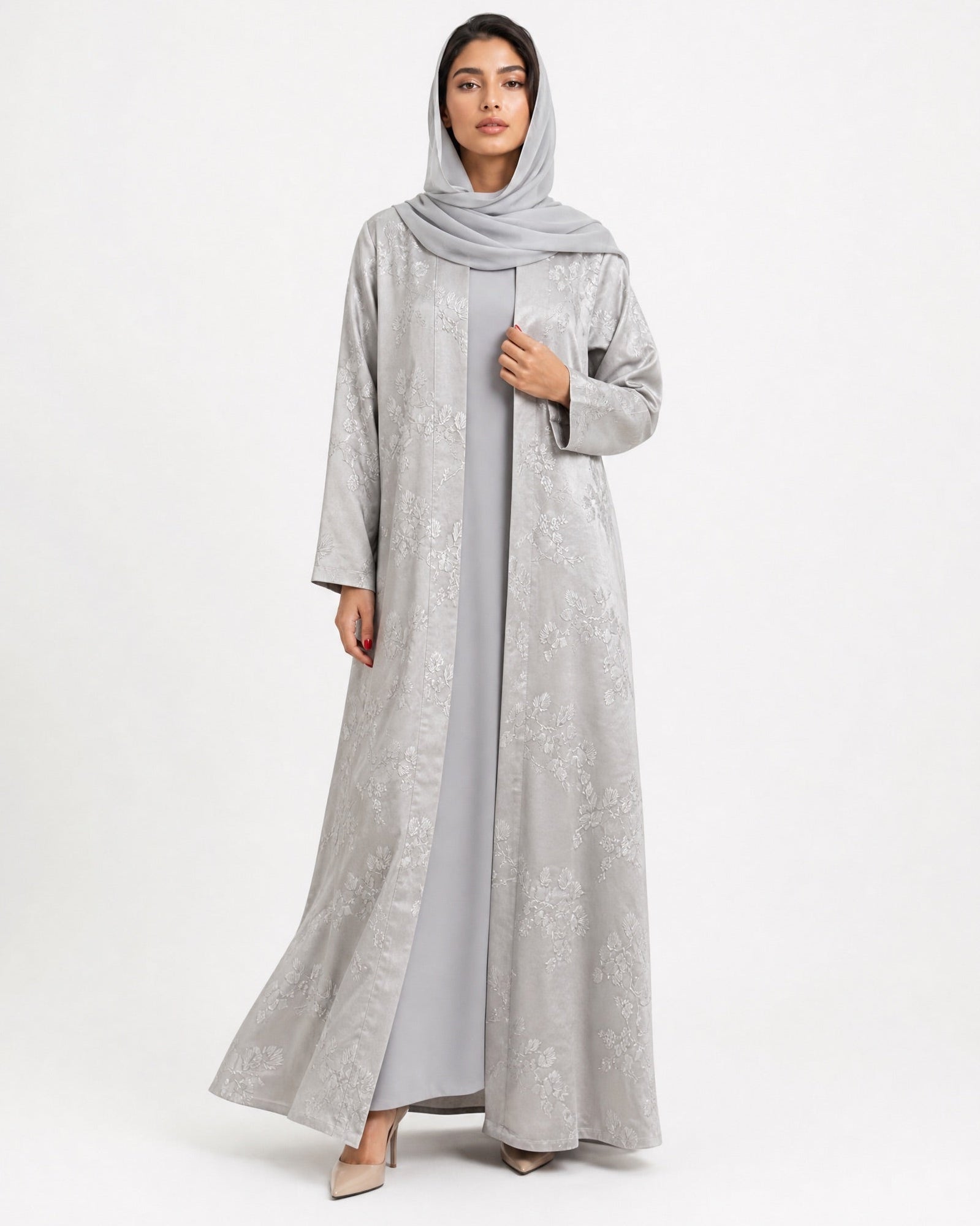 ABY 4655M – Silver Jacquard Abaya - EMAD RIZQ - MIRA Y MANO