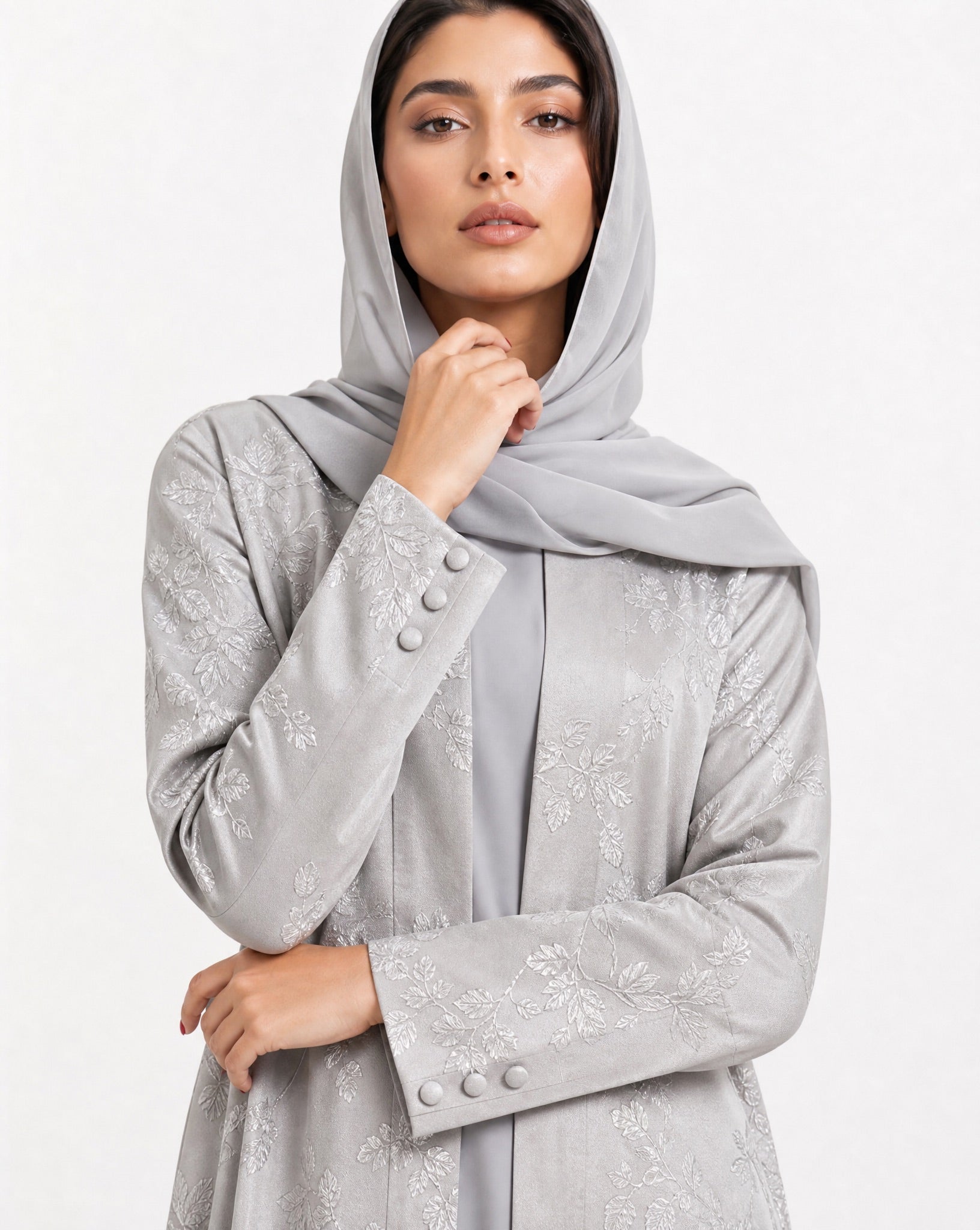 ABY 4655M – Silver Jacquard Abaya - EMAD RIZQ - MIRA Y MANO