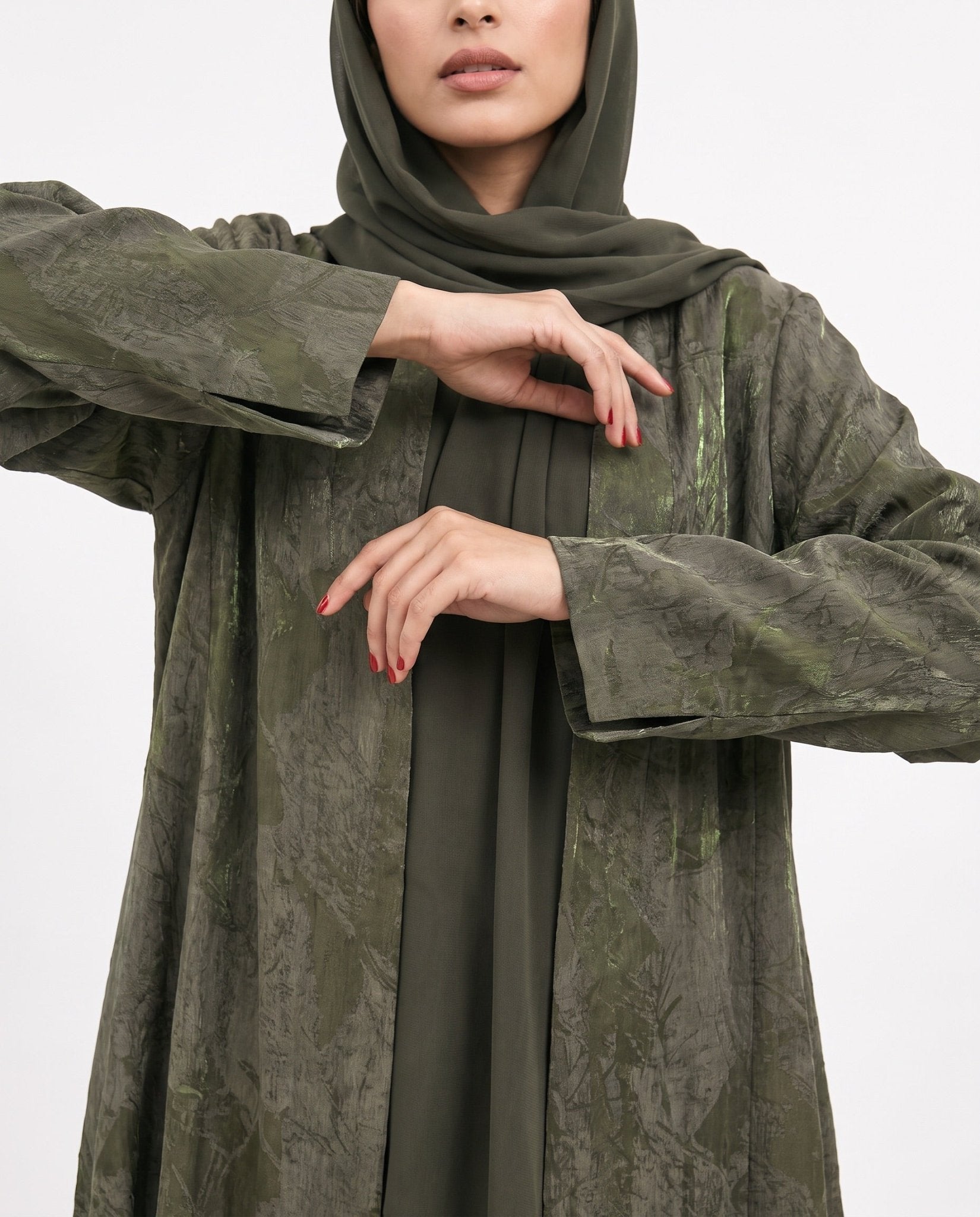 ABY 4676M – Olive Washed Silk Abaya - EMAD RIZQ - MIRA Y MANO