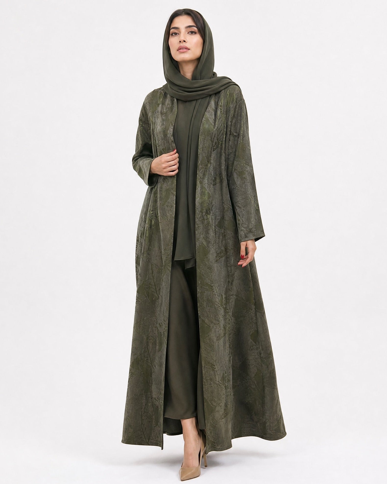 ABY 4676M – Olive Washed Silk Abaya - EMAD RIZQ - MIRA Y MANO