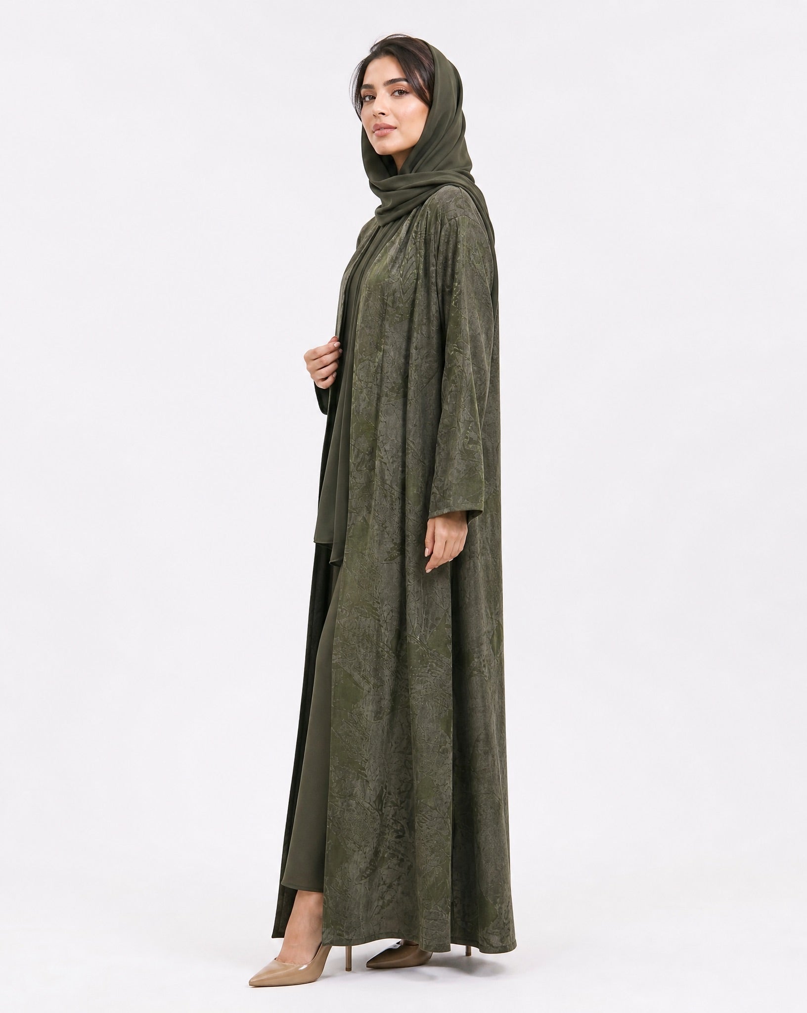 ABY 4676M – Olive Washed Silk Abaya - EMAD RIZQ - MIRA Y MANO