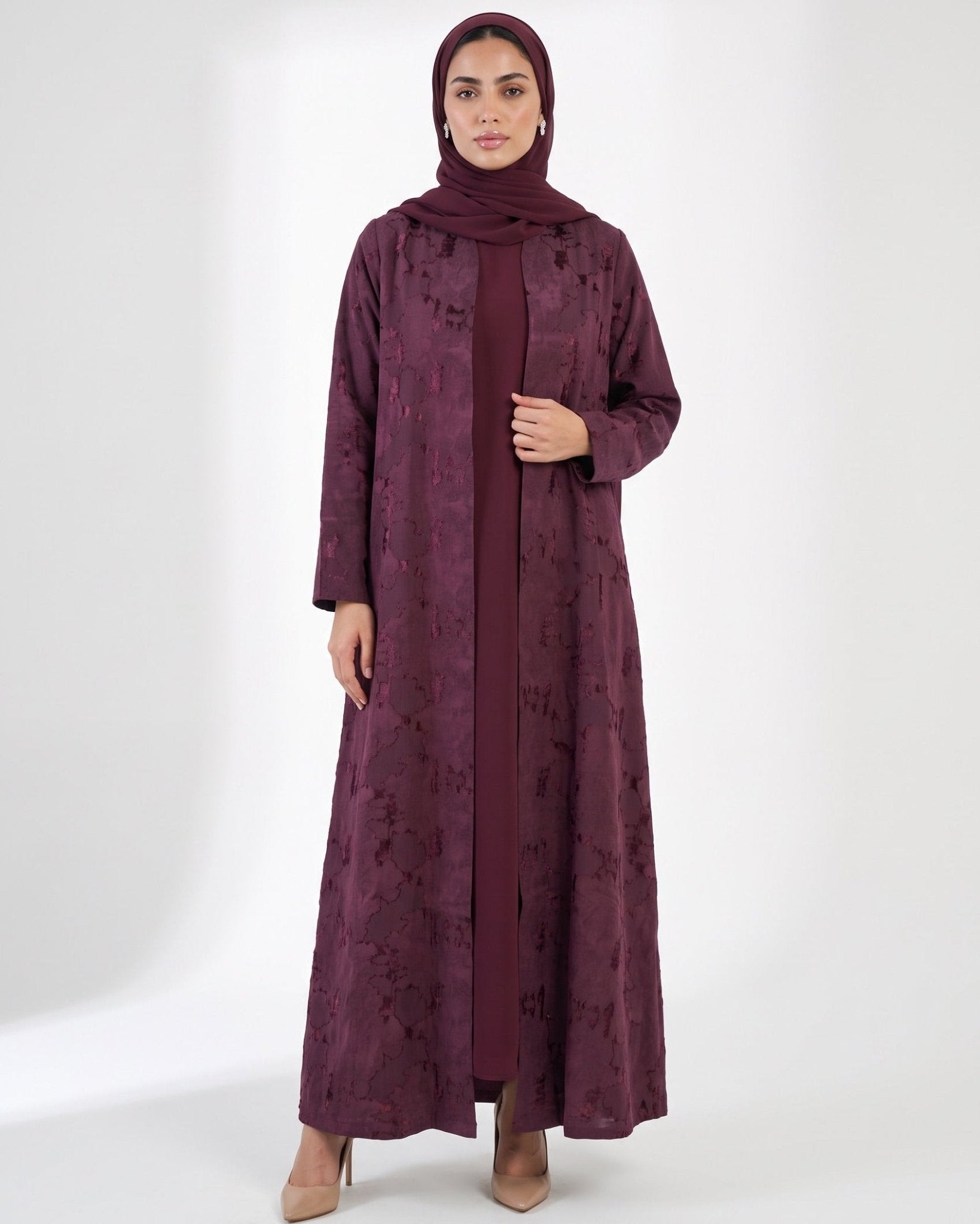 ABY 4685M – Maroon Jacquard Abaya - EMAD RIZQ - MIRA Y MANO