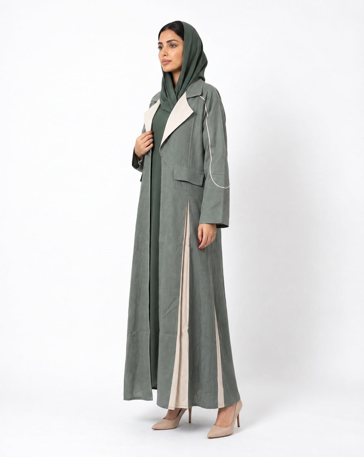 TH 4756M - Sea Green Linen Abaya - EMAD RIZQ - MIRA Y MANO