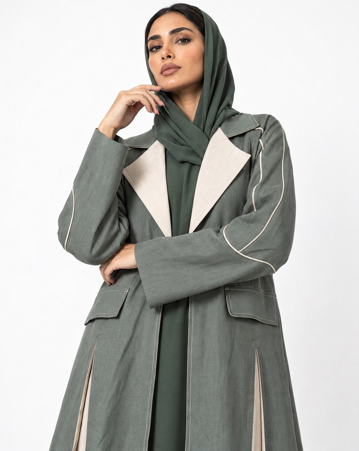 TH 4756M - Sea Green Linen Abaya - EMAD RIZQ - MIRA Y MANO