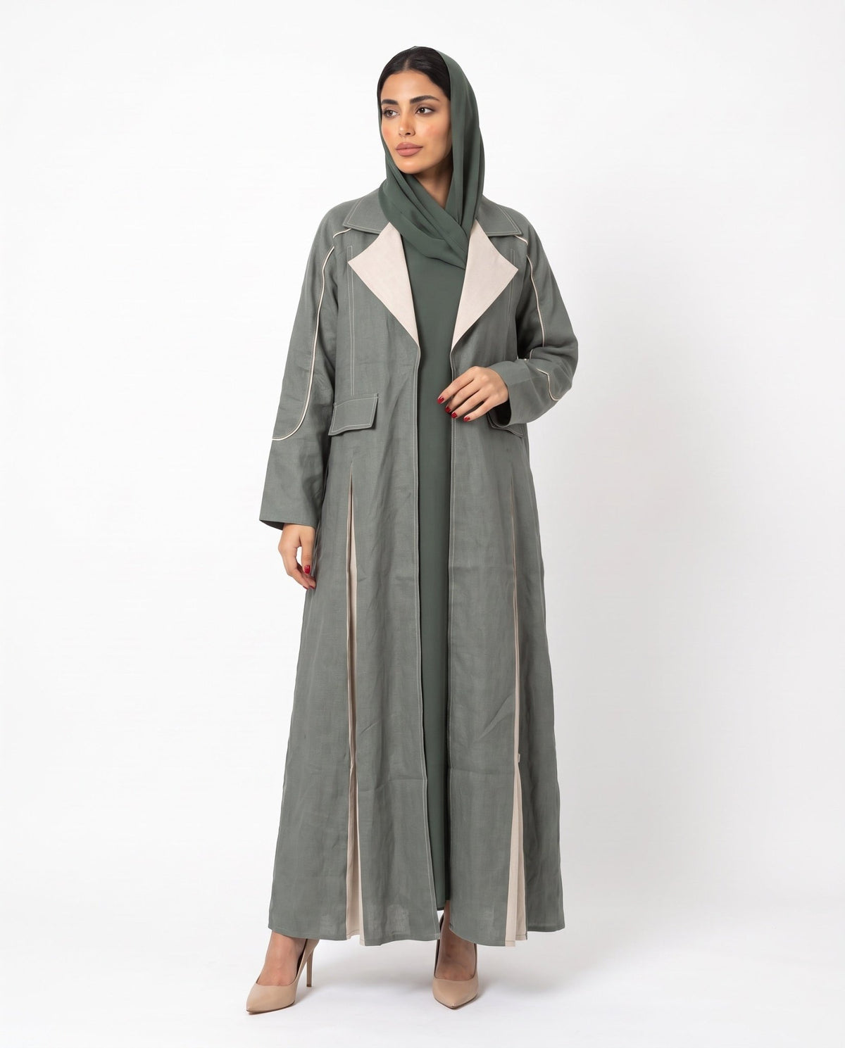 TH 4756M - Sea Green Linen Abaya - EMAD RIZQ - MIRA Y MANO
