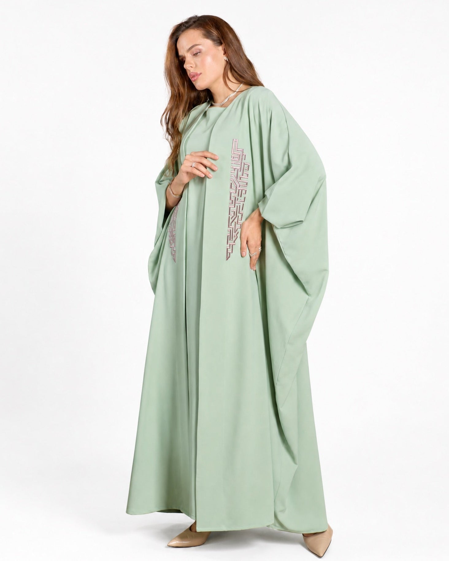FC 840 – Light Green Crepe Abaya Set - FOUZ COUTURE - MIRA Y MANO