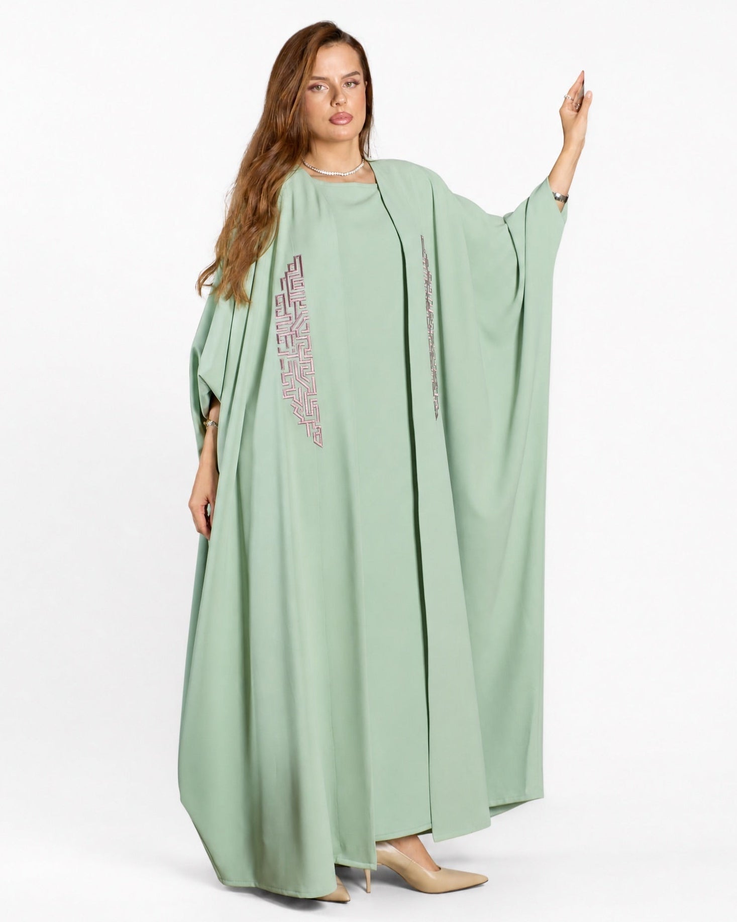 FC 840 – Light Green Crepe Abaya Set - FOUZ COUTURE - MIRA Y MANO