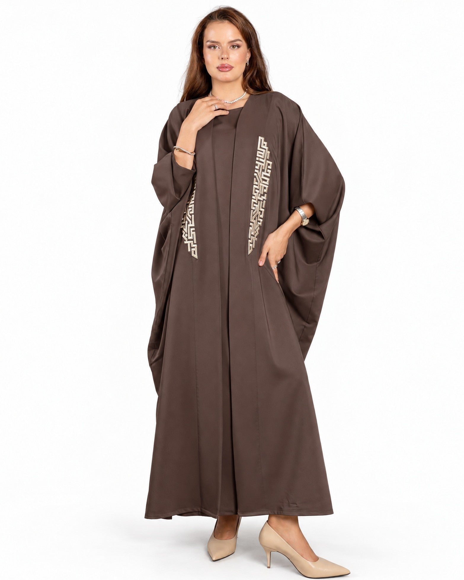 FC 848 - Brown Crepe Abaya Set - FOUZ COUTURE - MIRA Y MANO