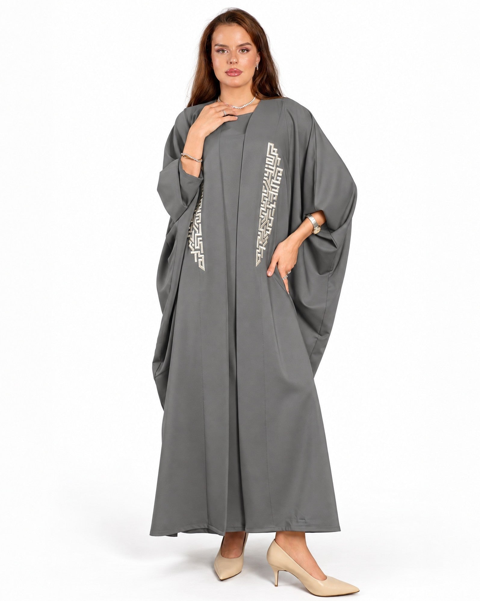 FC 850 - Gray Crepe Abaya Set - FOUZ COUTURE - MIRA Y MANO