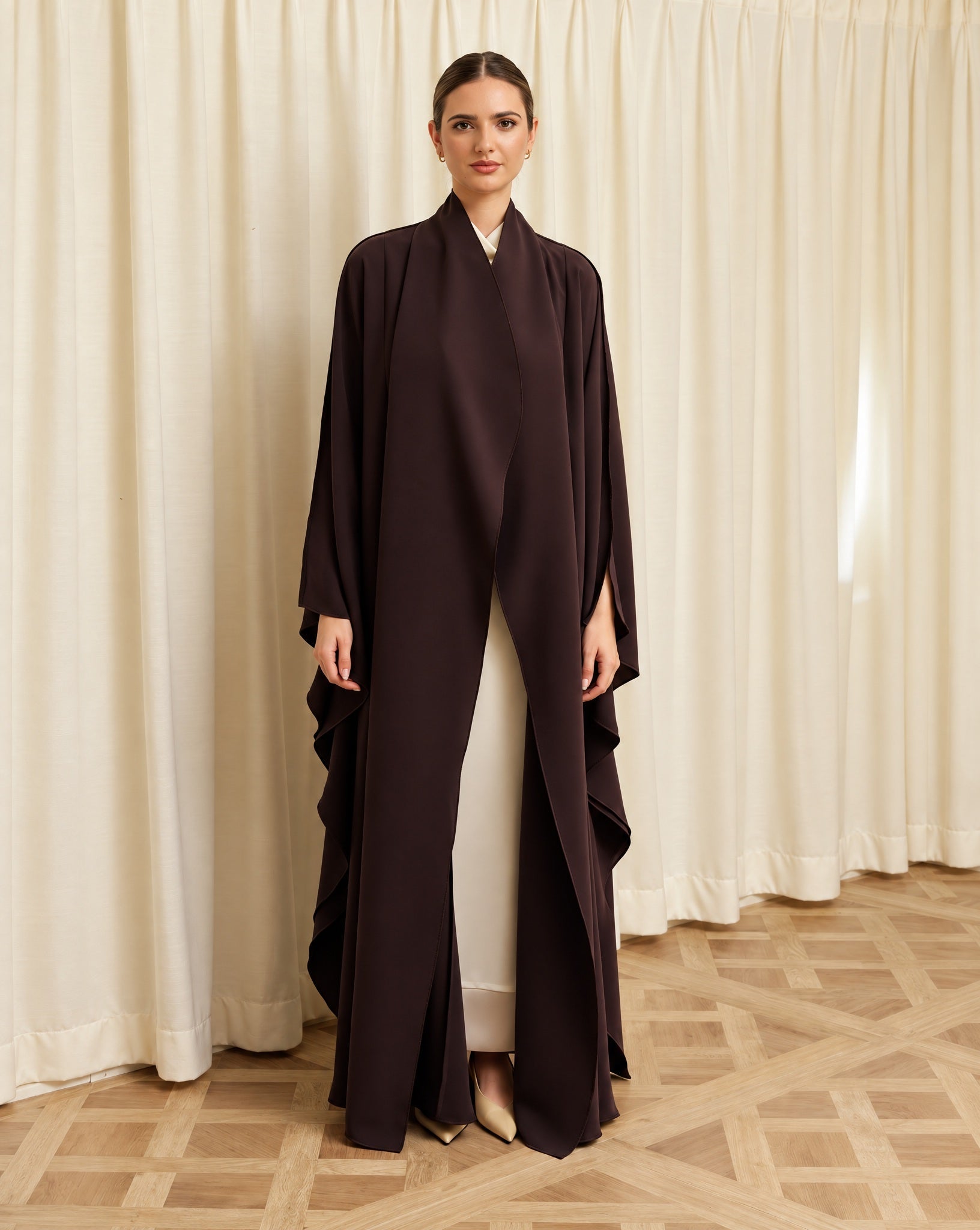 G249-DC - Dark Brown Crepe Abaya - GUL - MIRA Y MANO