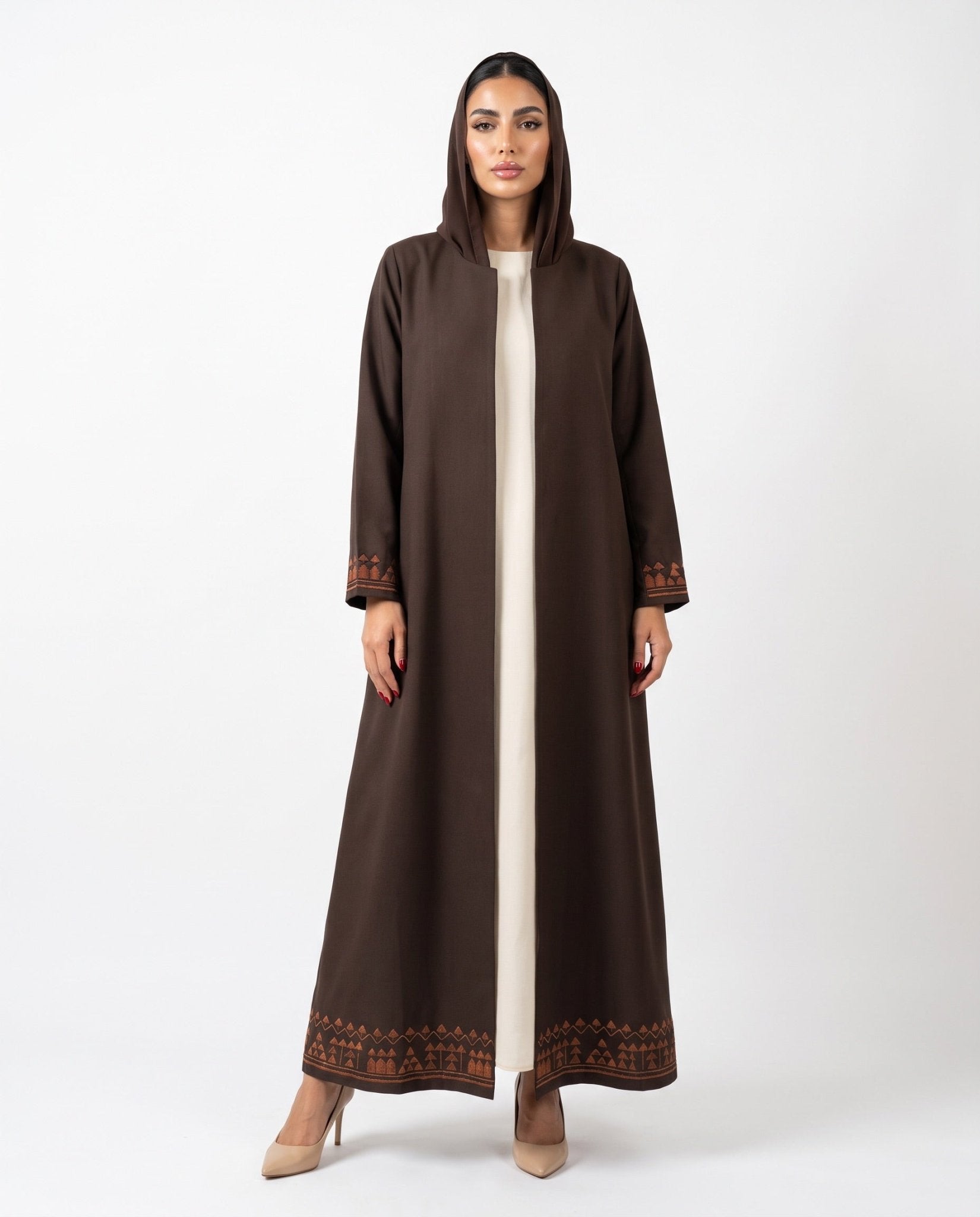 HON0104 - Brown Cotton Mix Abaya - HOUSE OF N - MIRA Y MANO