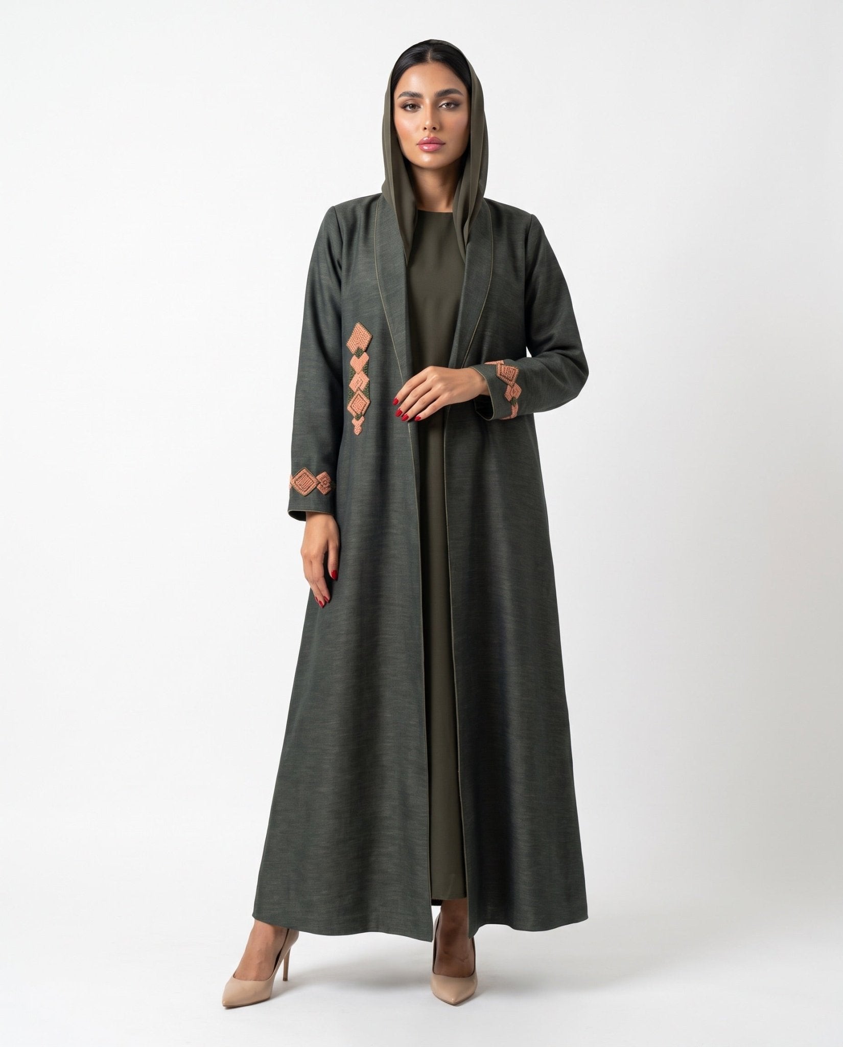 HON0108 - Dark Olive Green Cotton Mix Abaya - HOUSE OF N - MIRA Y MANO