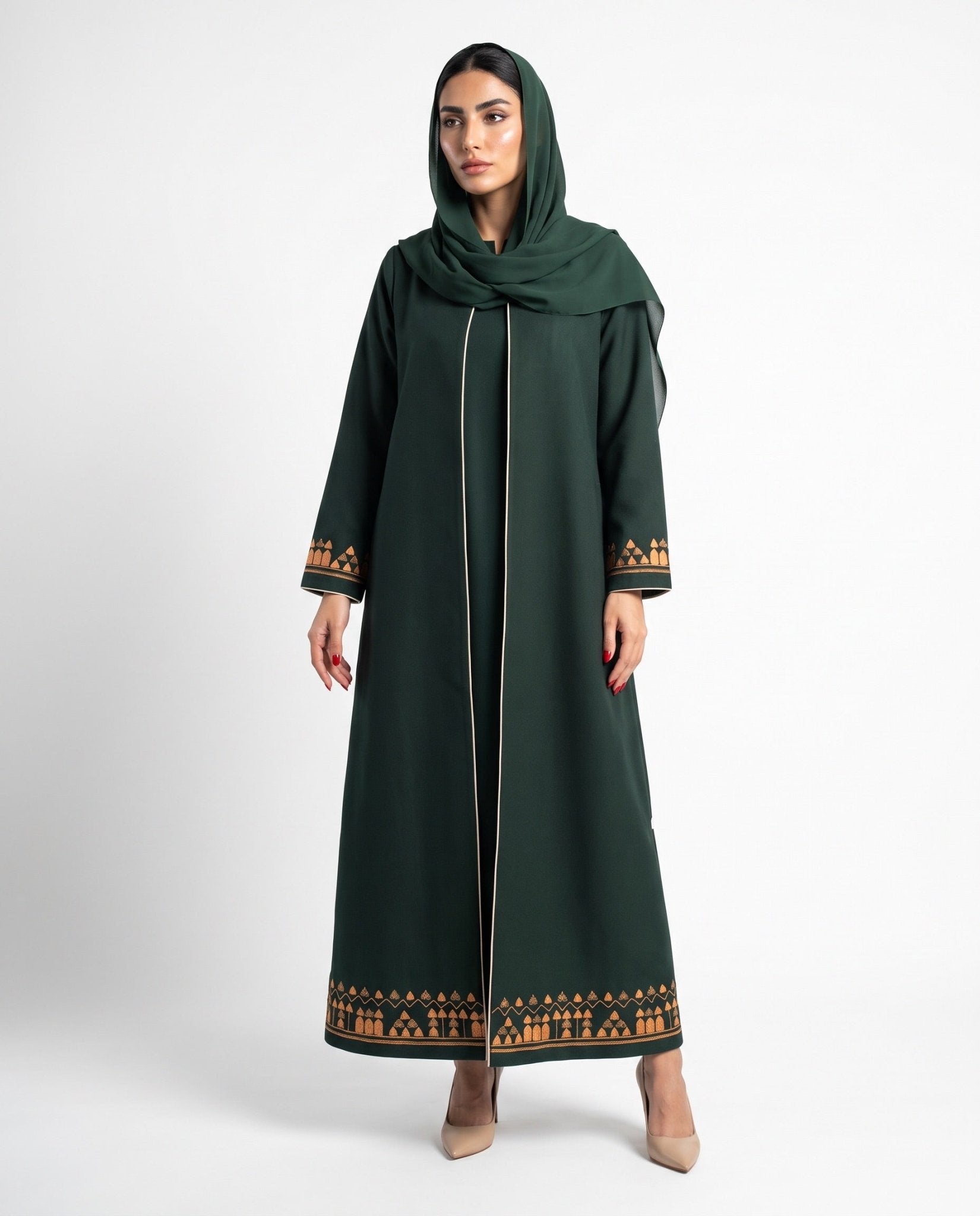 HON098A - Green Cotton Mix Abaya - HOUSE OF N - MIRA Y MANO