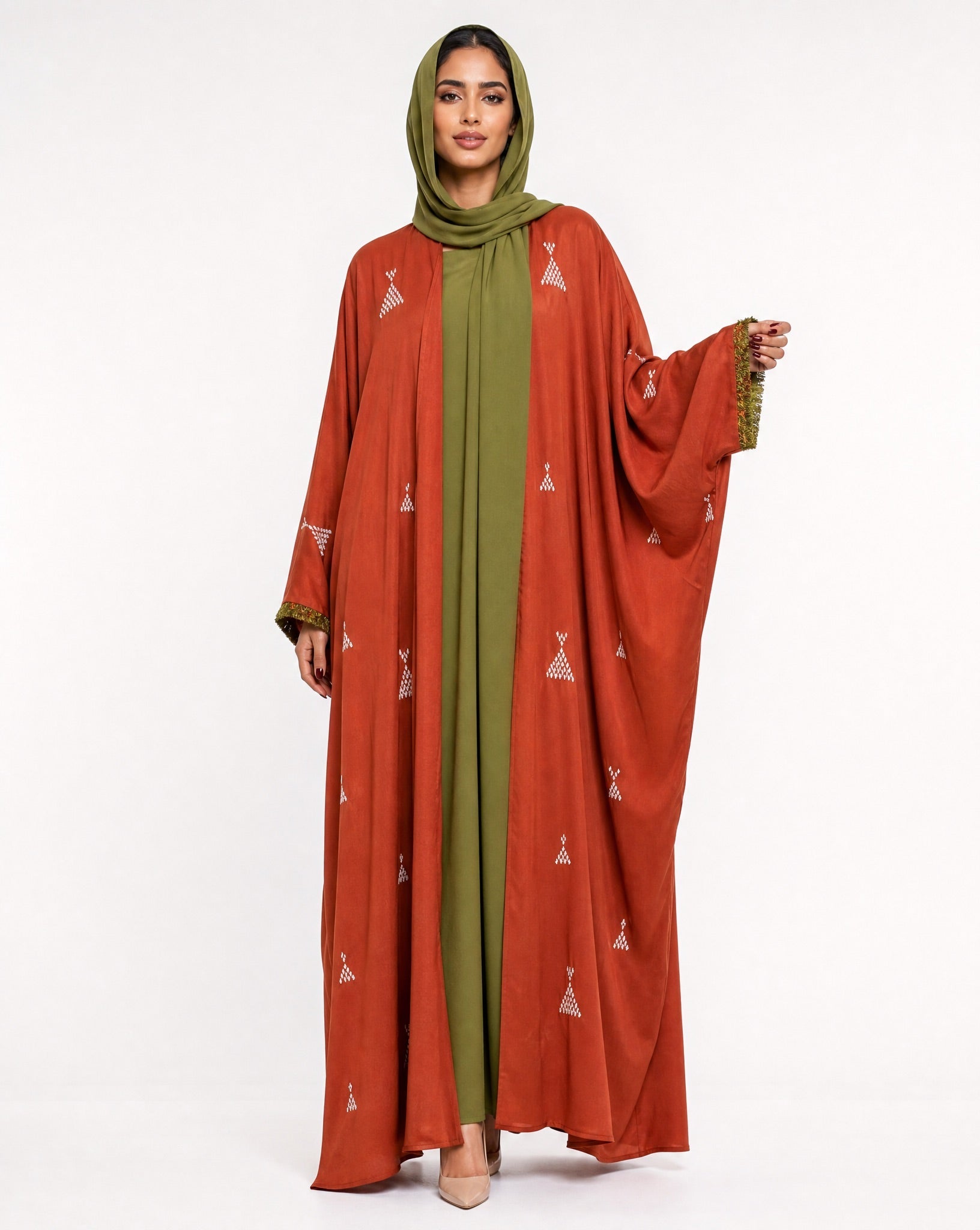M0881 – Fire Brick Washed Silk Abaya - KERTA COLLECTION - MIRA Y MANO