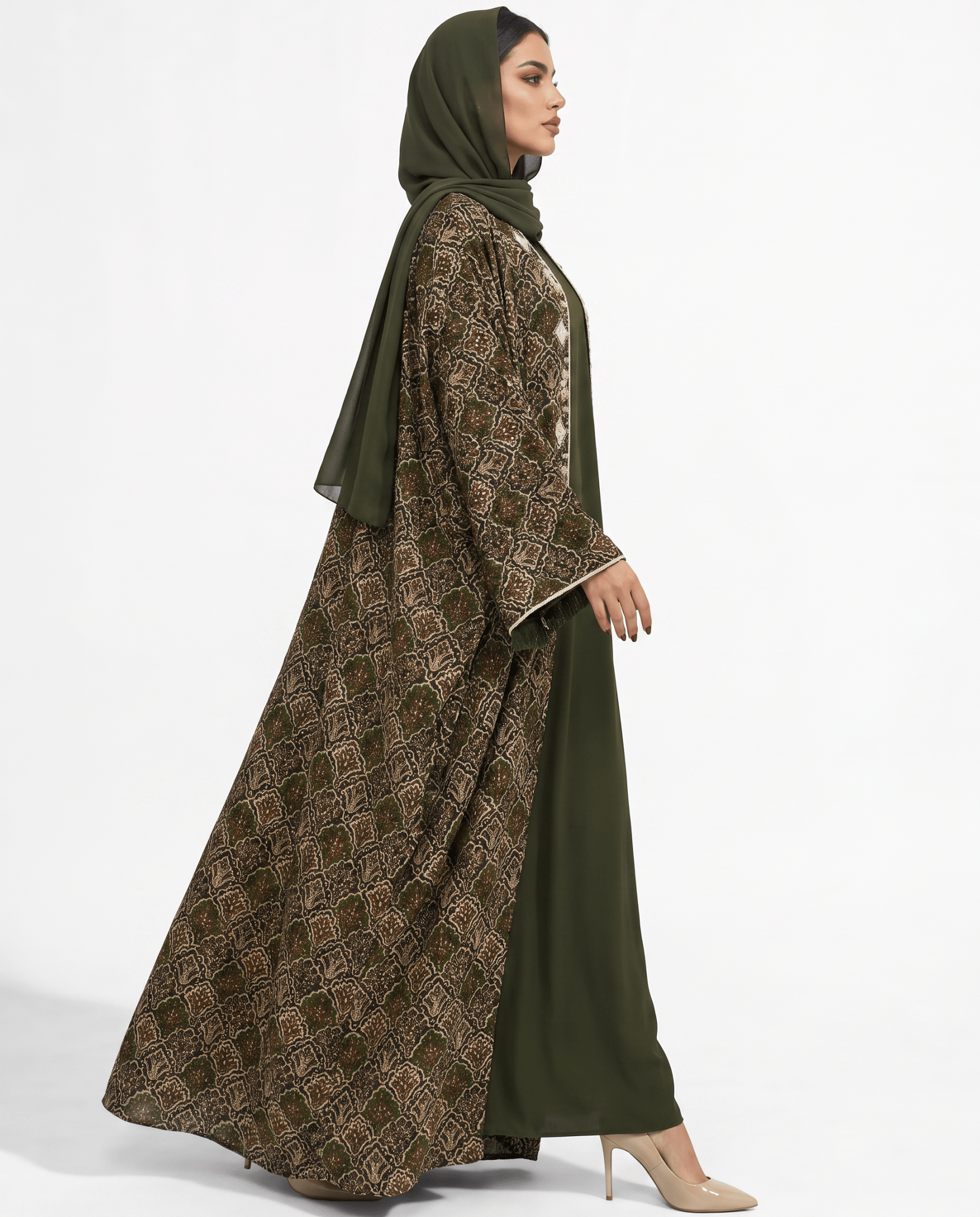 M0889 – Olive Green Cotton Abaya - KERTA COLLECTION - MIRA Y MANO
