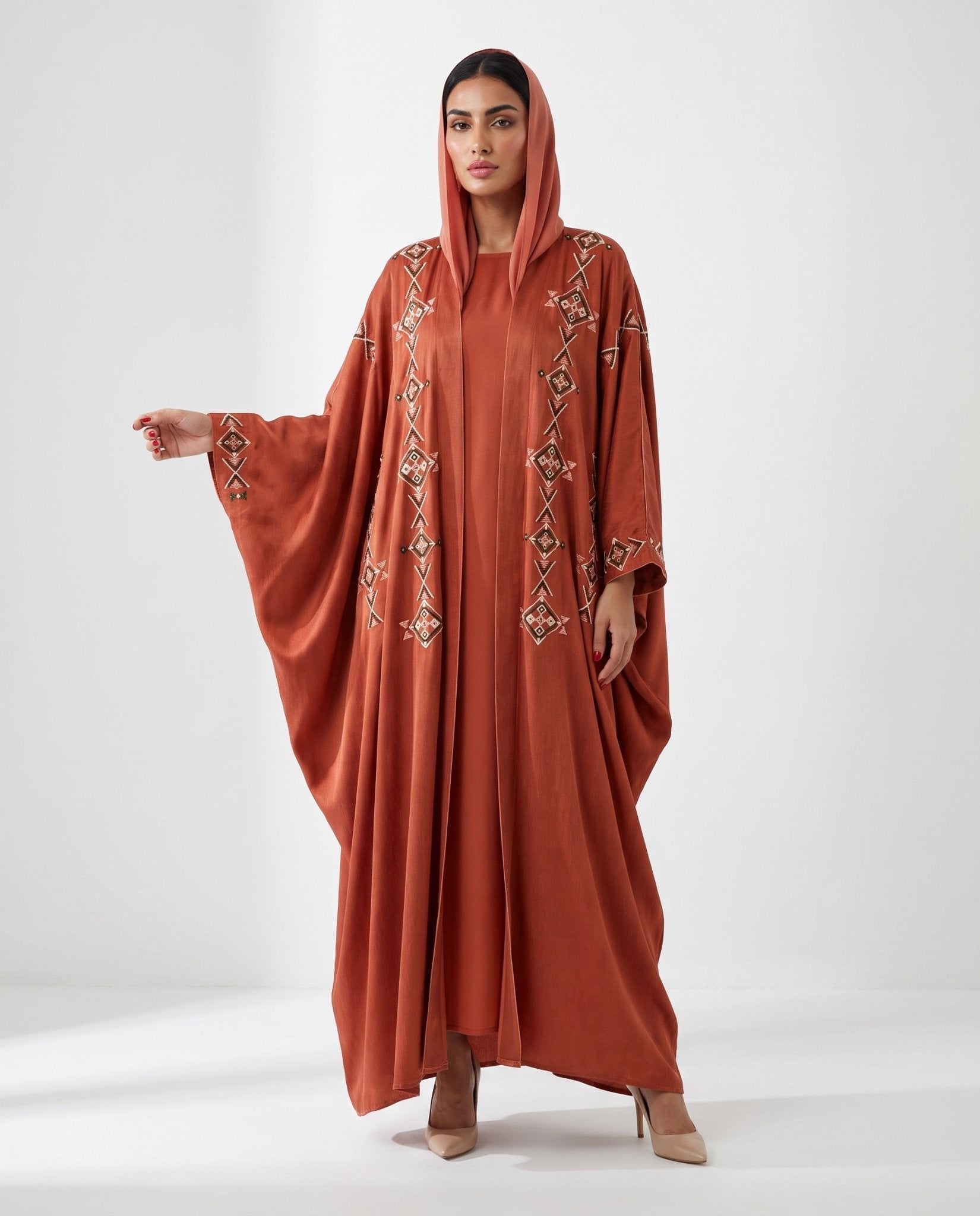 M0898 - Fire Brick Washed Silk Abaya - KERTA COLLECTION - MIRA Y MANO