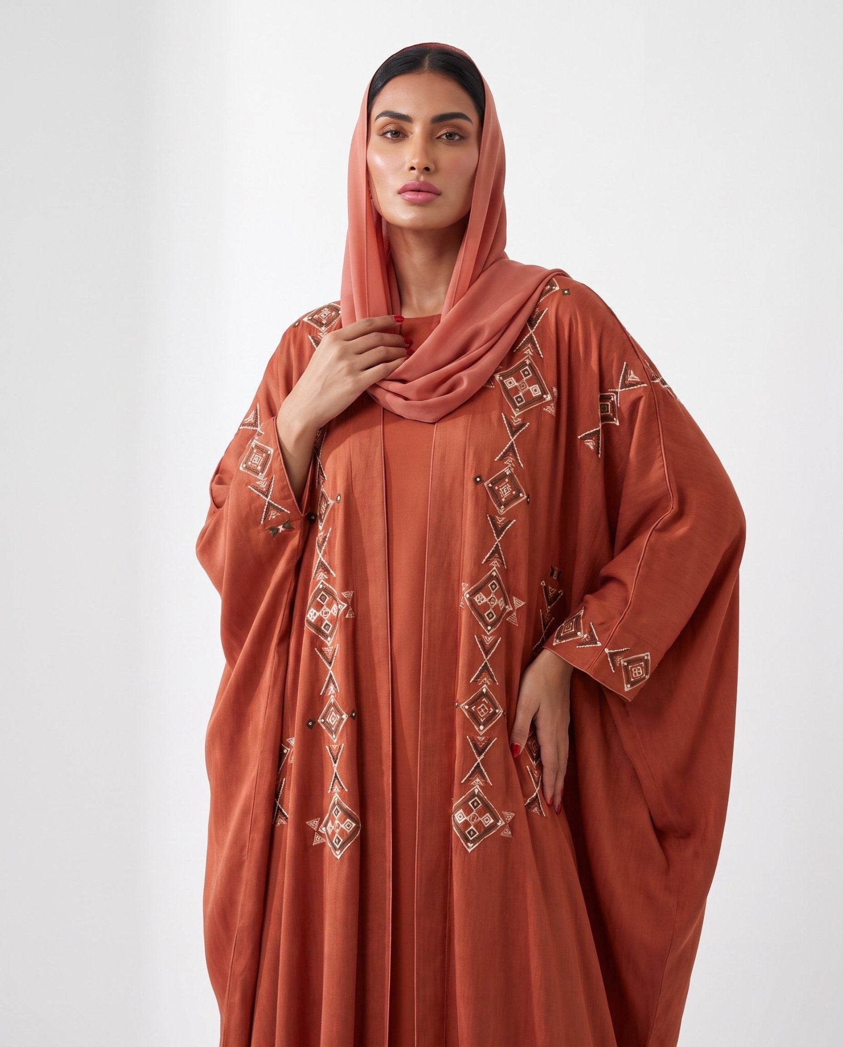 M0898 - Fire Brick Washed Silk Abaya - KERTA COLLECTION - MIRA Y MANO