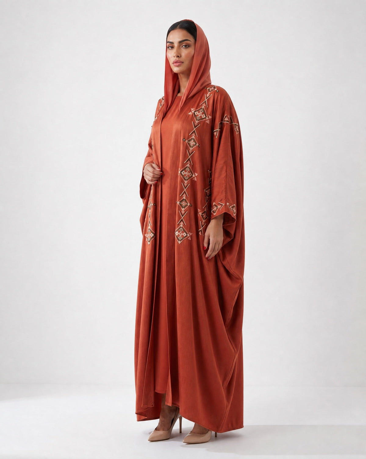 M0898 - Fire Brick Washed Silk Abaya - KERTA COLLECTION - MIRA Y MANO
