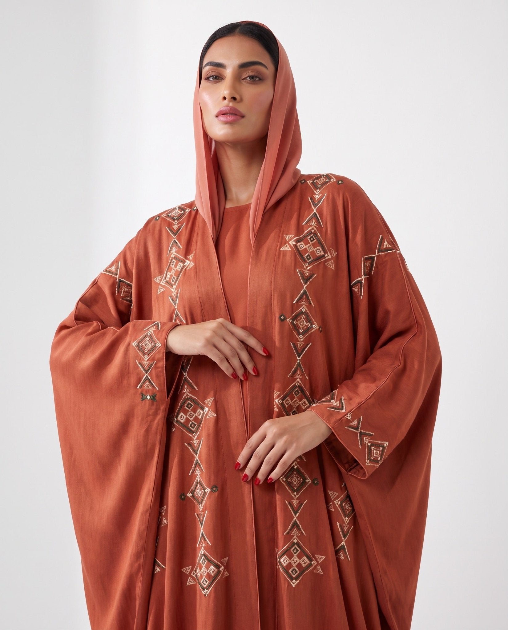 M0898 - Fire Brick Washed Silk Abaya - KERTA COLLECTION - MIRA Y MANO
