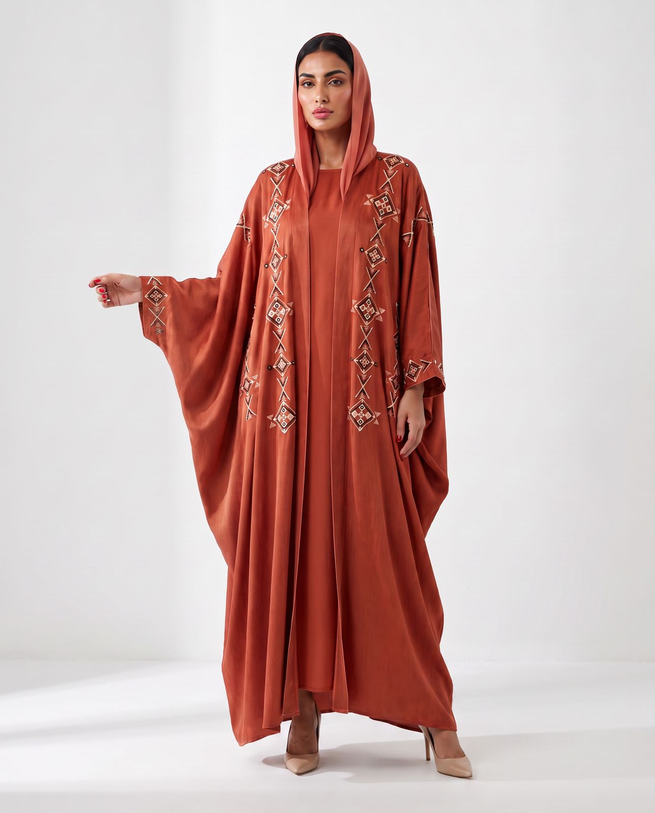 M0898 – Fire Brick Washed Silk Abaya - KERTA COLLECTION - MIRA Y MANO