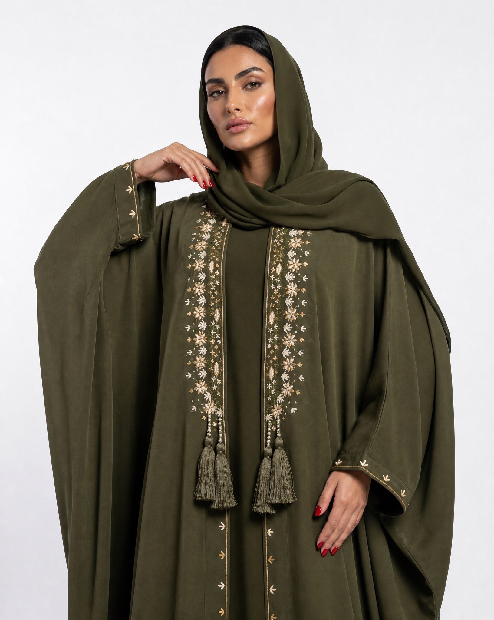 M0899 - Olive Washed Silk Abaya - KERTA COLLECTION - MIRA Y MANO