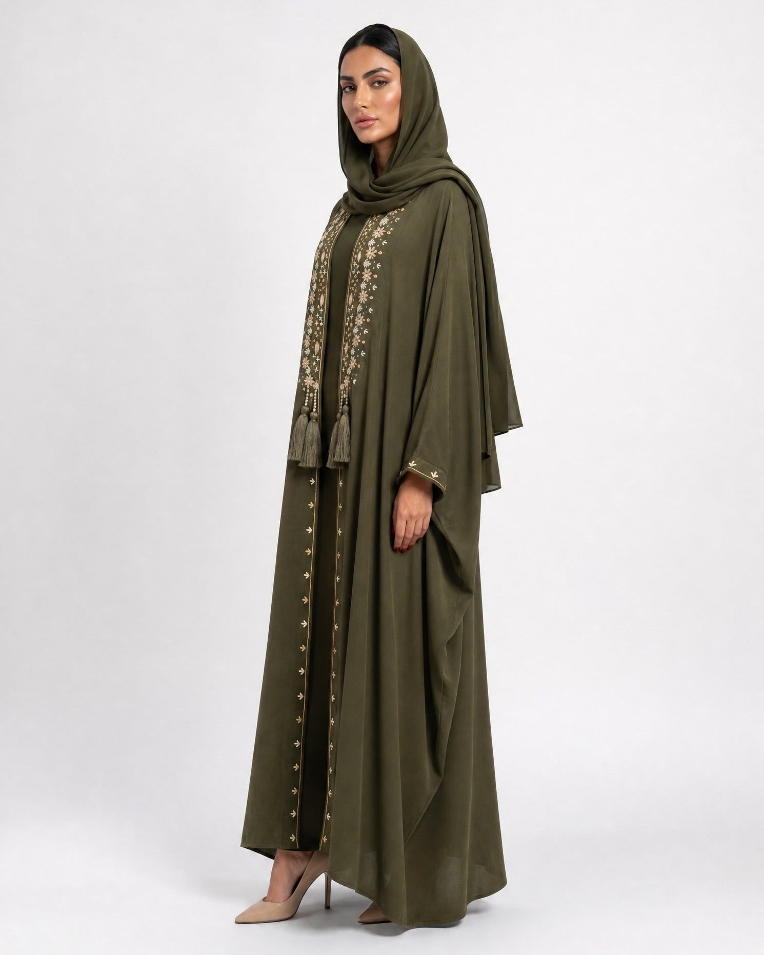 M0899 - Olive Washed Silk Abaya - KERTA COLLECTION - MIRA Y MANO