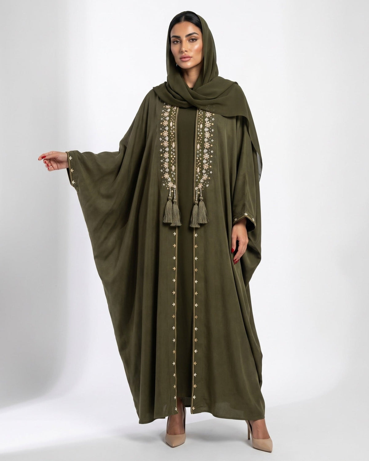 M0899 - Olive Washed Silk Abaya - KERTA COLLECTION - MIRA Y MANO