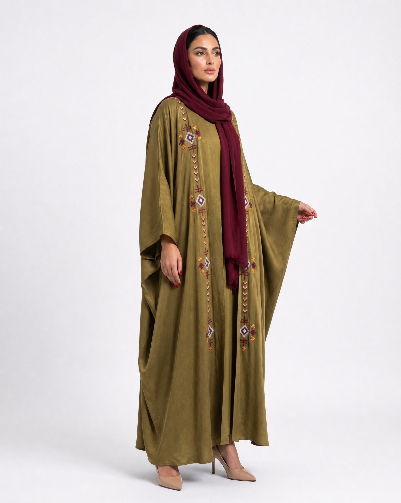 M0901 - Olive Washed Silk Abaya - KERTA COLLECTION - MIRA Y MANO
