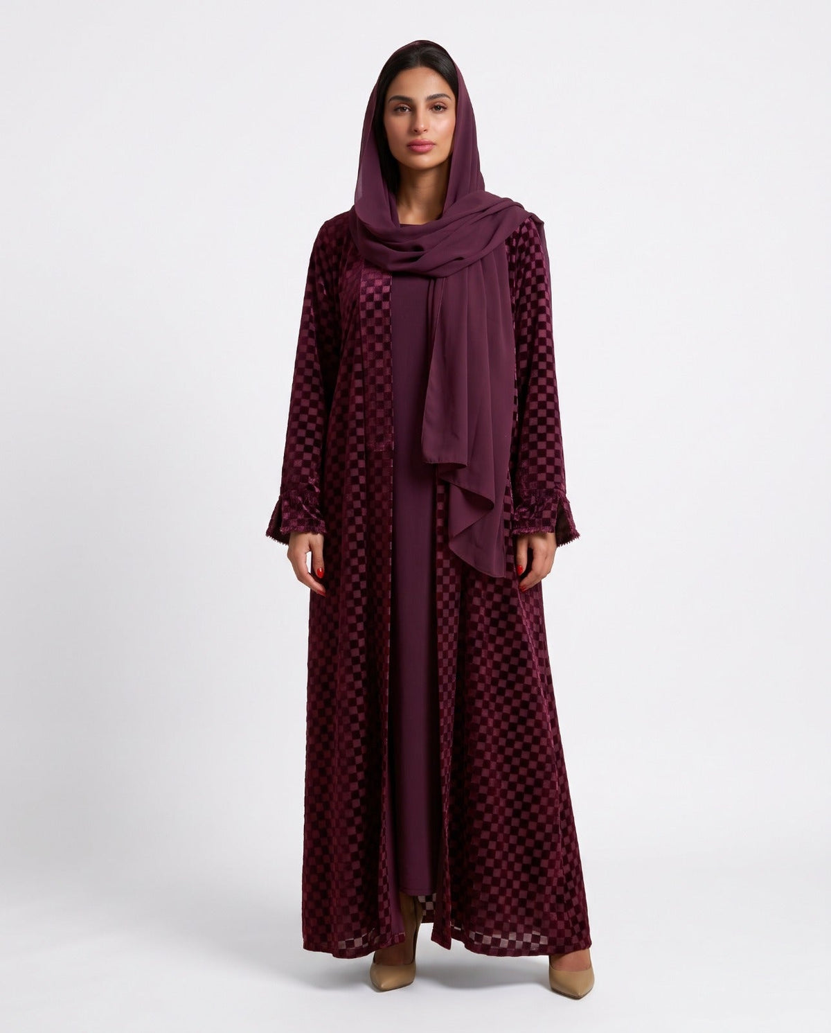 S 076 - Maroon Velvet Abaya - MIRA Y MANO