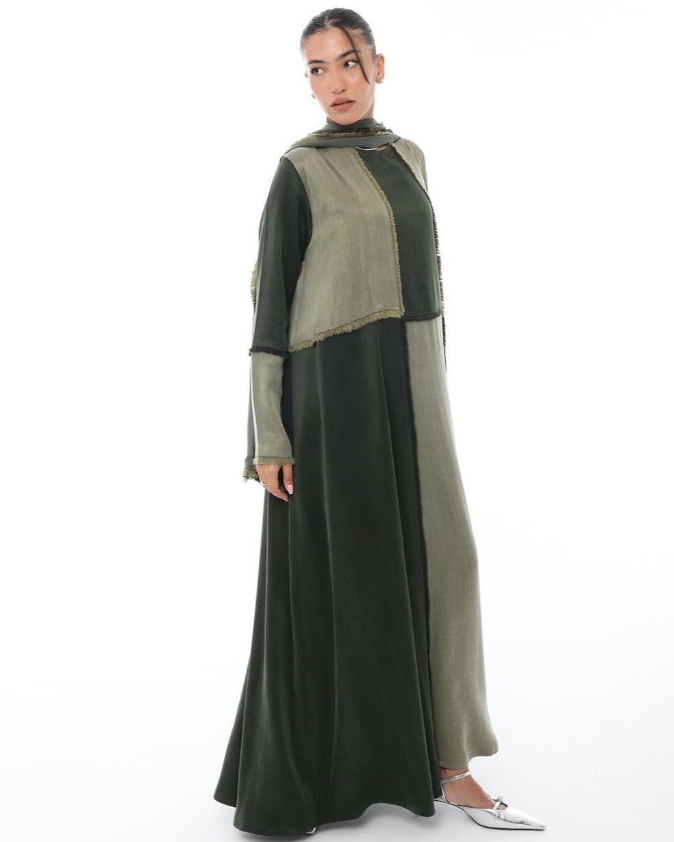 LE021-DG - Dark Green Washed Silk Abaya Set - LEGACY - MIRA Y MANO