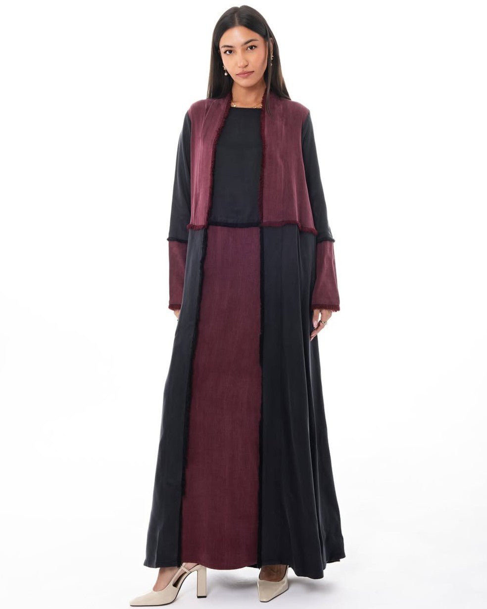 LE021-MRA - Maroon Washed Silk Abaya Set - LEGACY - MIRA Y MANO
