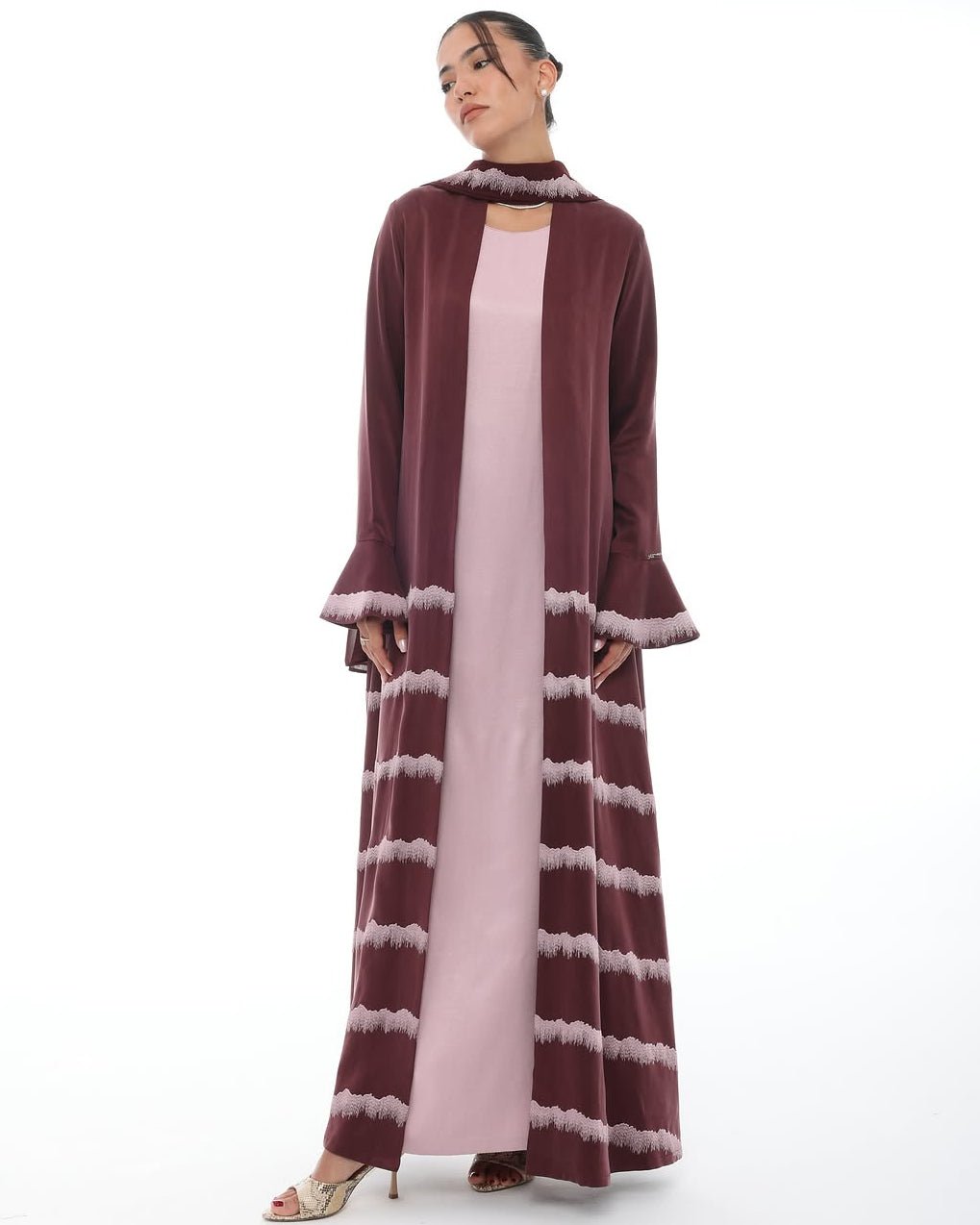 LE022-MR - Maroon Washed Silk Abaya Set - LEGACY - MIRA Y MANO