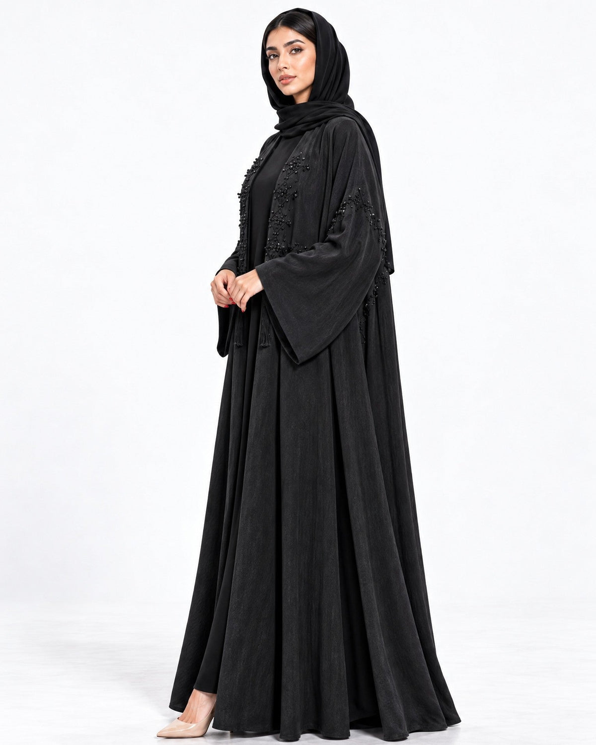 110-Black Washed Silk Abaya - LULU LINE - MIRA Y MANO