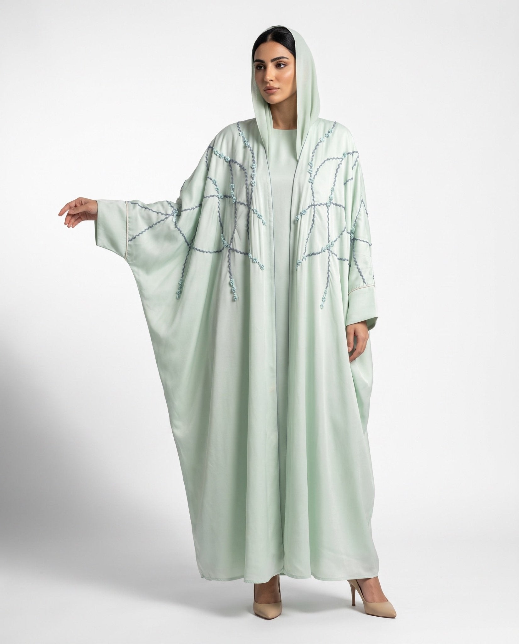 111101010 – Light Green Washed Silk Abaya - LULU LINE - MIRA Y MANO
